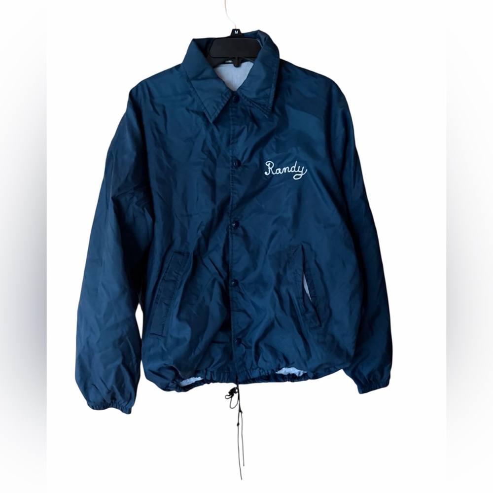 1970s JCPenney Navy Blue Nylon Snap-Closure Embroidered Classic Coach‎ Jacket